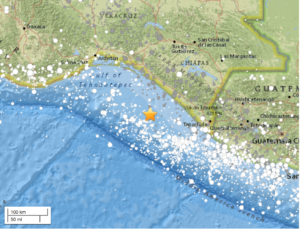 Star: epicenter of the mainshock. Gray and white dots: historical seismicity epicenters.